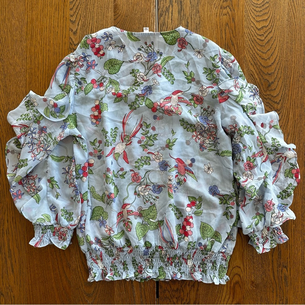 Nanette Lepore Light Blue Floral Hummingbird Ruffle Sleeve Spring Brunch Women - Picture 3 of 10